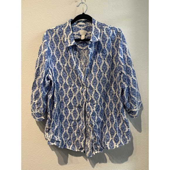 Chico's Tops - Chico's No Iron 100% Linen Button Down Blouse Size 3 (14/16) Blue Ikat Work Chic